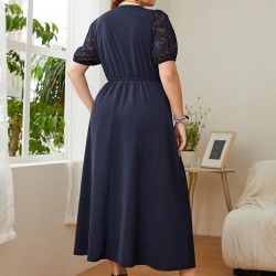 Plus Size Dark Blue  Puff Sleeve Solid Dress