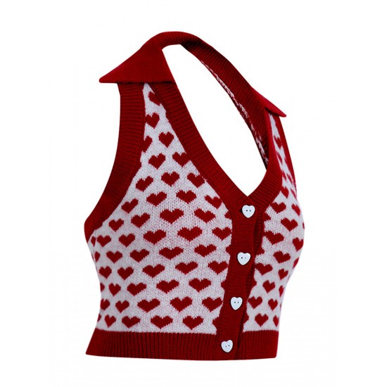 Red  Knitting Heart Halter Button Tops