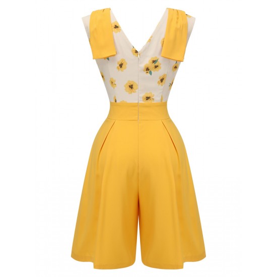 Yellow  V-Neck Sunflower Patchwork Jumpsuit