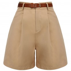 Khaki  Solid Cotton Blend Belted Shorts