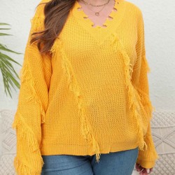 Plus Size Yellow  V-Neck Tassel Loose Sweater