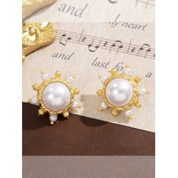 Gold & White Artificial Pearl Earrings