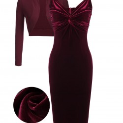 2PCS Wine Red  Velvet Bodycon Dress