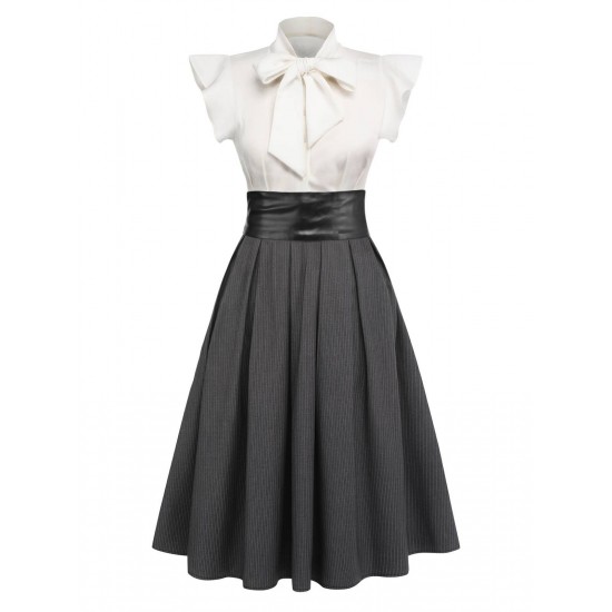 White & Gray  Lace-Up Swing Dress