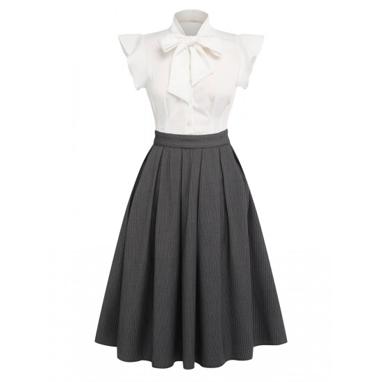 White & Gray  Lace-Up Swing Dress