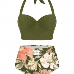 Olive  Lace-Up Halter Flowers Bikini Set