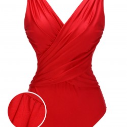 Red  V-Neck Solid One-piece Swimsuit