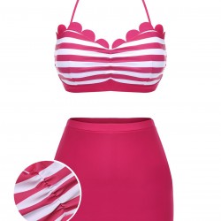 Rose Pink  Stripes Halter Bikini Set