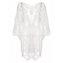 White V-Neck Embroidered Lace Cover-up