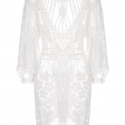 White V-Neck Embroidered Lace Cover-up