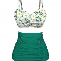 Green  Daisy Strap Pleated Swimsuit