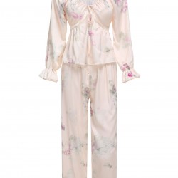 White  V-Neck Ruffles Floral Lace Sleepwear